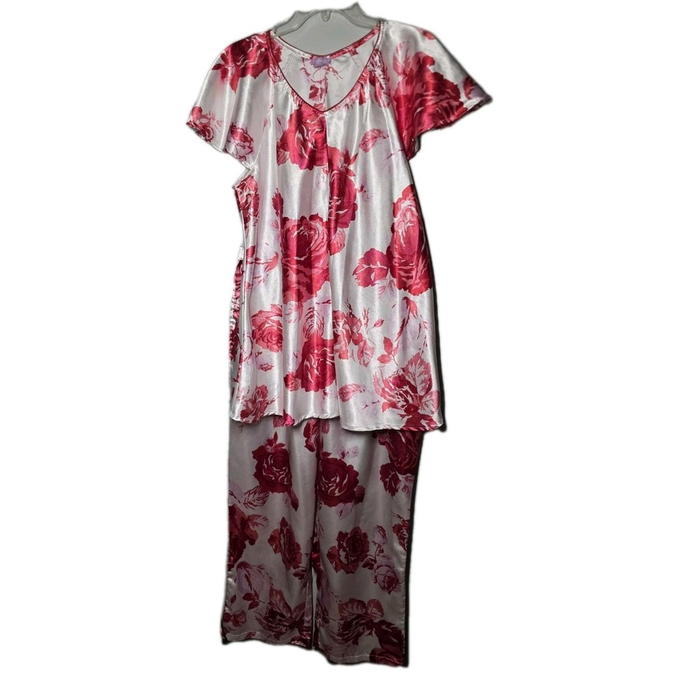 Amoureuse Plus Soft Luxe Satinred Red And  Pink Rose Pajama Set Size Large 18-20